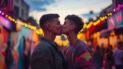 Obraz premium A gay man kisses his non-binary friend at sunset, amidst street art and fairy lights.