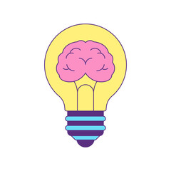 Y2k light bulb with brain contemporary pop art psychedelic contoured icon vector flat illustration. Illuminated lightbulb innovation idea knowledge inspiration comic sticker t shirt print