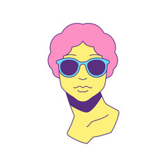 Y2k funky antique woman bust in sunglasses fashion contemporary pop art contoured icon vector flat illustration. Comic ancient female Greek monument sculpture head summer groovy t shirt print