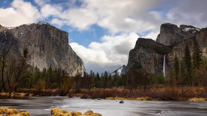 Time Lapse of the the clouds moving over the amazing landscape of Yosemite National Park in California. Merced River in the foreground.