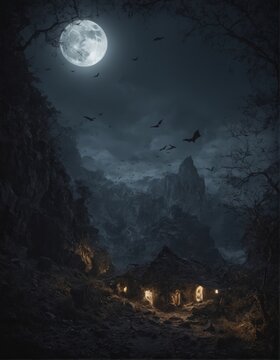 A haunting night scene with a glowing full moon, bats flying across a dark, moody sky, and eerie cliffs. Perfect as a Halloween-themed background for spooky and atmospheric designs.