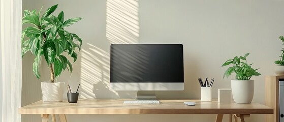 Stylish minimalist office desk wood table sleek monitor wireless accessories minimal plant in corner ergonomic chair light natural tones focus on elegance and productivity