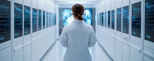 AI-based healthcare ecosystem, holographic diagnostics, futuristic medical lab