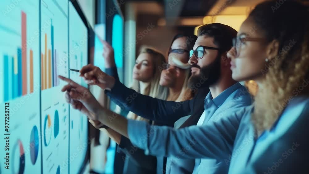 Poster Business professionals analyzing data and charts on a large digital screen. Data-driven business decisions and teamwork concept.