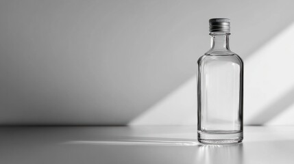 A simple vodka bottle with a silver cap, standing on a reflective white surface, casting a subtle shadow.