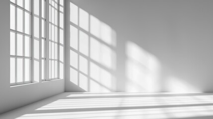 Obraz premium 3D rendering of a bright white room with a window shadow and light from the left side. White wall background interior mockup for presentation, banner, or advertising design. Sunny day.