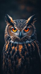 Majestic owl staring with intense orange eyes