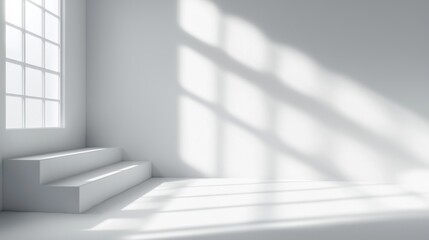 Obraz premium 3D rendering of a bright white room with a window shadow and light from the left side. White wall background interior mockup for presentation, banner, or advertising design. Sunny day.