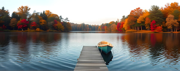 Tranquil lake with a docked boat and colorful autumn trees