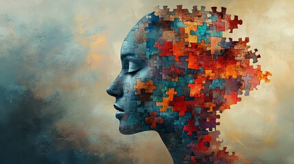 A Woman's Profile Formed From Colorful Jigsaw Puzzle Pieces