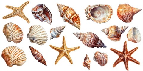 A collection of seashells and starfish in watercolor style on a white background, neatly arranged on the right side of the page. The seashells come in various shapes, such as clams, conchs, oysters, 