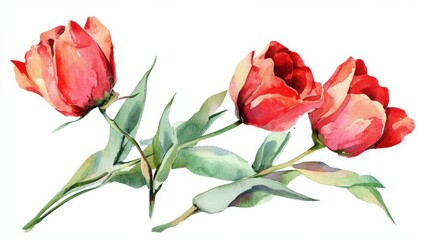 Obraz premium Watercolor Painting of Red Tulips with Green Leaves