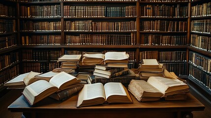 Fototapeta premium Open Books on a Table in a Library with Bookshelves Full of Books