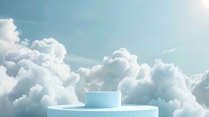 A smooth blue podium stands in a tranquil setting, framed by fluffy white clouds under a clear blue sky, creating a peaceful atmosphere ideal for presentations or displays