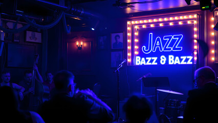 Live jazz performance in an intimate venue with neon lights in the evening
