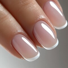 Fototapeta premium Close-up of a French manicure with clean white tips and a soft pink gradient, showcasing elegant and glossy nails. Nail Studio Concept.