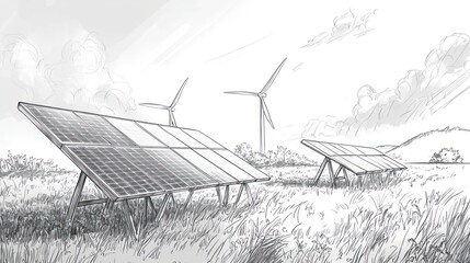 Sketch illustration of solar panels and wind turbines on a white background, in a hand-drawn style, with simple line art, monochrome, high contrast, flat design, pencil sketch, watercolor painting, 