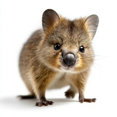 Obraz premium A cute quokka standing upright, showcasing its distinctive features and friendly expression against a clean white background.