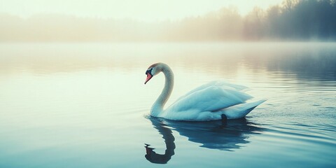 Fototapeta premium A serene photo of a swan gracefully swimming on a lake, its head and neck forming a perfect S-shape, symbolizing elegance. 