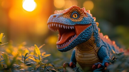 Fototapeta premium Colorful toy dinosaur roaring in the grass at sunset