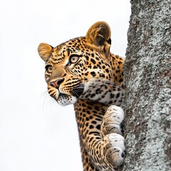 Fototapeta premium A majestic leopard perched on a tree, showcasing its stunning coat and intense gaze, embodying the beauty of wildlife.
