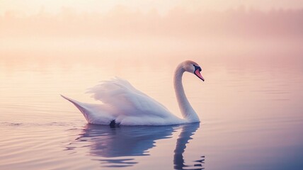Fototapeta premium A serene photo of a swan gracefully swimming on a lake, its head and neck forming a perfect S-shape, symbolizing elegance. 