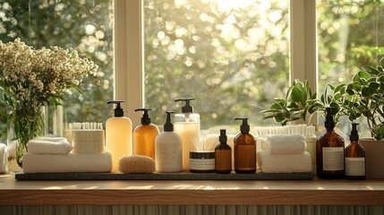 Organize the cleaning supplies placed on the table and showcase the essential tools and products for household cleaning. Sponges, spray, brushes and rags arranged in order to prepare for cleaning