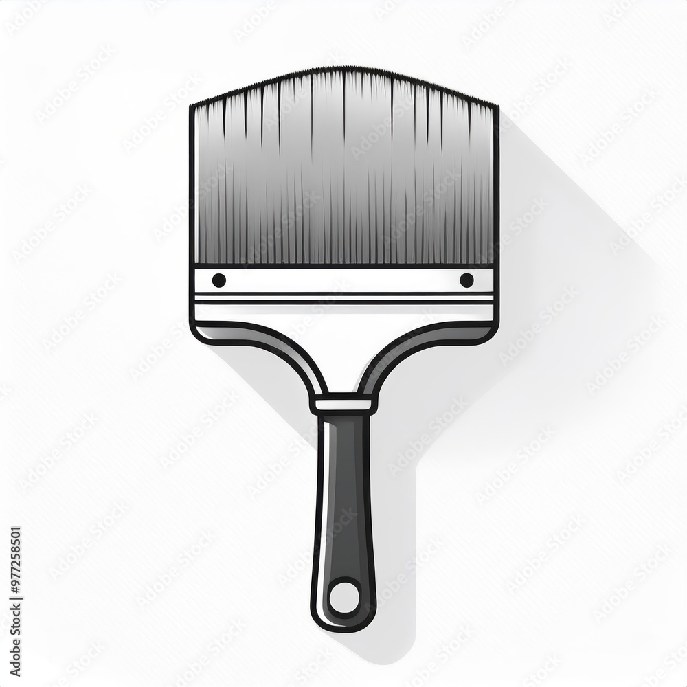 Poster monochrome flat illustration of a paintbrush with fine bristles and a curved wooden handle casting a