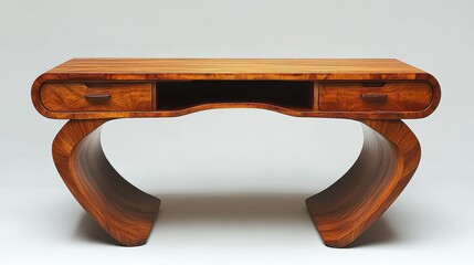 A contemporary wooden desk with built in shelving, placed on a white background