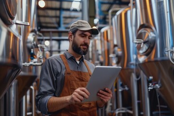 A person working in a brewery on a tablet, possibly checking orders or inventory