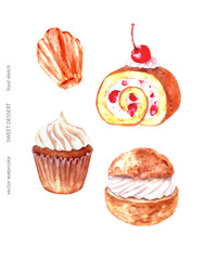 Hand drawn watercolor sweet dessert cake set. Cupcake, madeleine cookie, semla, swiss pastry roll