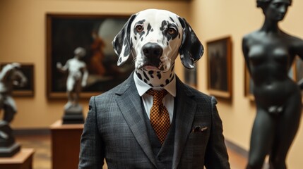 Dalmatian dog art critic wearing suit standing in museum