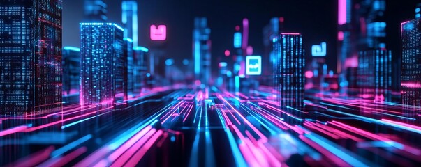 Obraz premium AI-powered predictive modeling, digital data flow, neon-lit cityscape