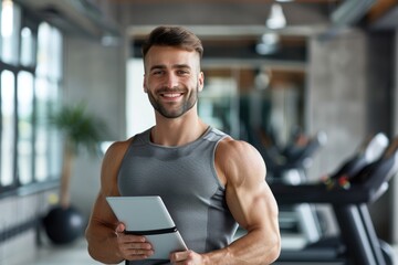 A person exercising with a tablet device, suitable for fitness or wellness articles