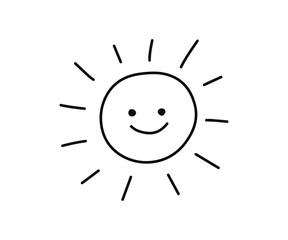 Sun with smile icon line, doodle hand drawn. Sunshine and solar glow. Decorative circle sun and sunlight with happy face. Hot solar energy. Children paint. Vector illustration