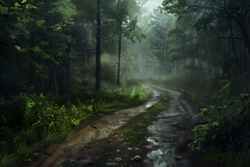 Naklejka premium Winding road through a dense forest with sunlight filtering through the trees, no cars, morning fog, high contrast, and realistic lighting