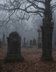 Fototapeta premium A haunting cemetery under a full moon, shrouded in fog and eerie shadows. Bare, twisted trees and weathered tombstones create an ominous, mysterious atmosphere, perfect for dark, gothic themes.