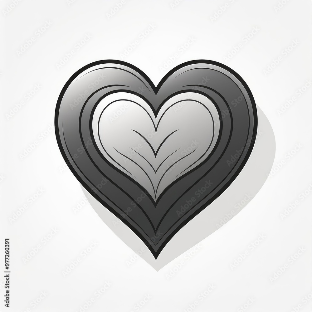 Poster Monochrome Layered Heart: Gradient Lines Forming a Concentric Love Shape with Elegant Symmetry and Depth in Black and Gray Tones. Vector Logo Icon on White Background
