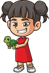 Cartoon asian girl holding turtle vector illustration