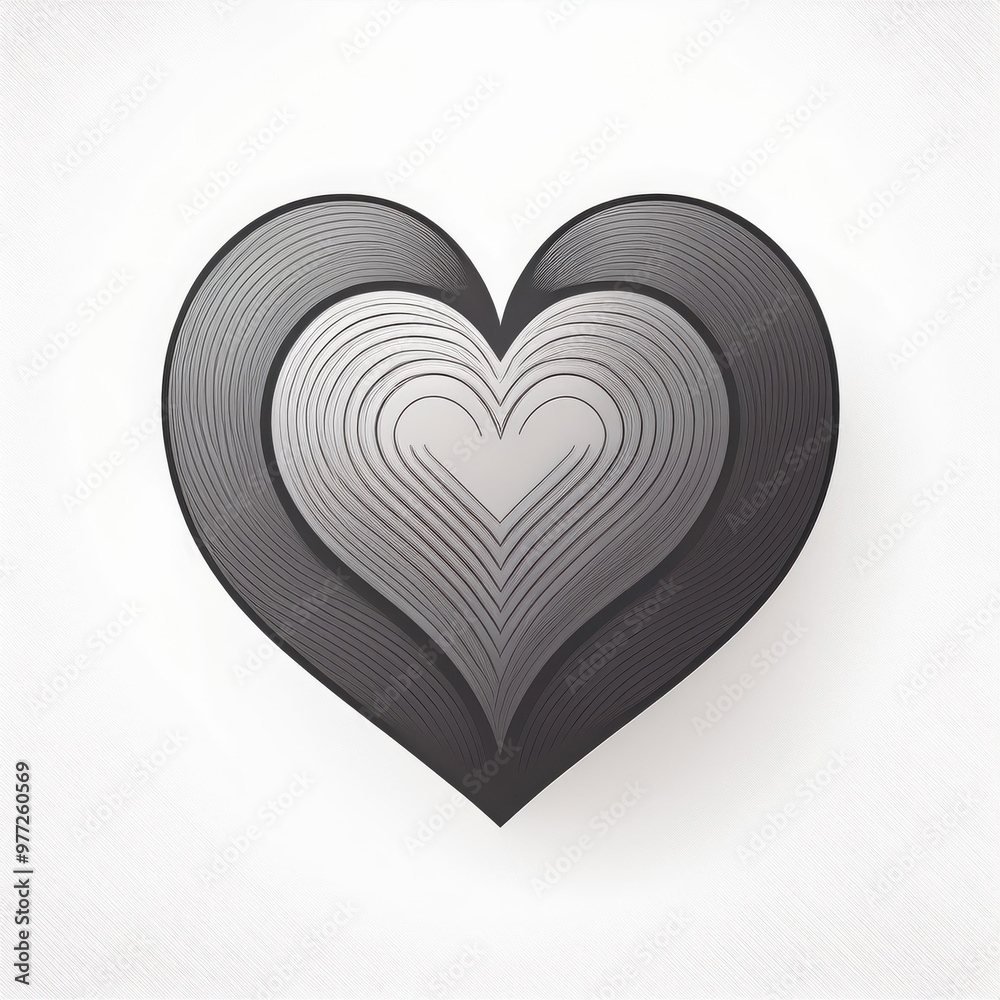Poster Monochrome Layered Heart: Gradient Lines Forming a Concentric Love Shape with Elegant Symmetry and Depth in Black and Gray Tones. Vector Logo Icon on White Background