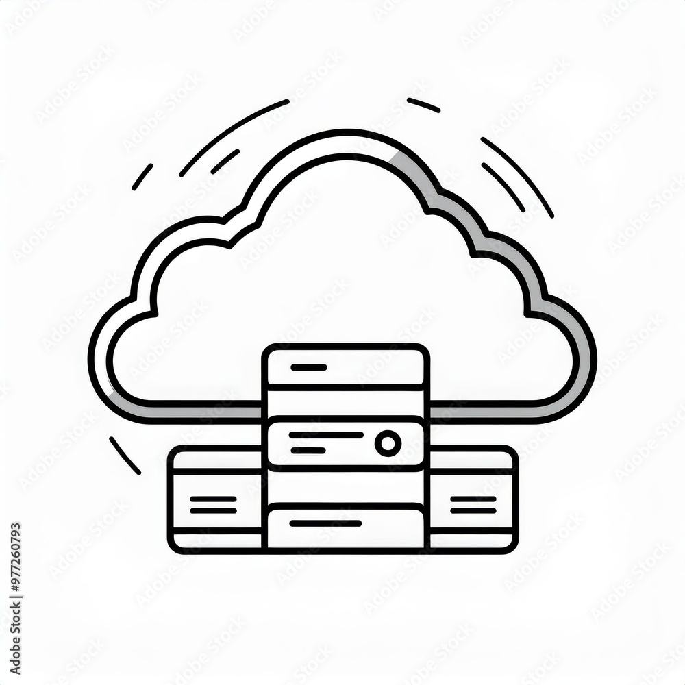 Poster Minimalist Cloud Computing Icon with Server Rack Depiction. Simplified Digital Storage and Data Management Concept in Monochrome Line Art Style. Vector Logo Icon on White Background