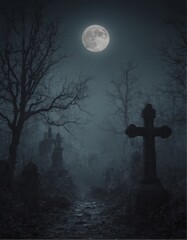  A haunting cemetery under a full moon, shrouded in fog and eerie shadows. Bare, twisted trees and weathered tombstones create an ominous, mysterious atmosphere, perfect for dark, gothic themes.