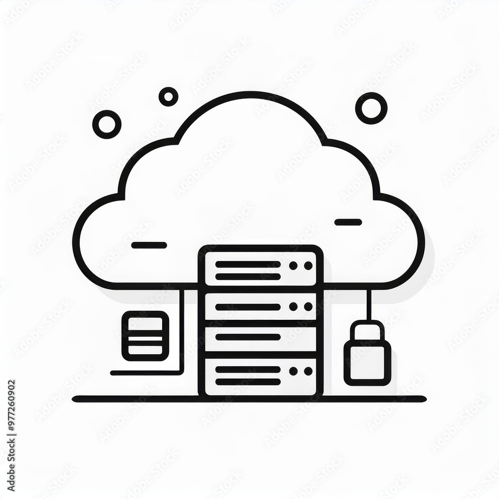 Fototapete Minimalist Cloud Computing Icon with Server Rack Depiction. Simplified Digital Storage and Data Management Concept in Monochrome Line Art Style. Vector Logo Icon on White Background