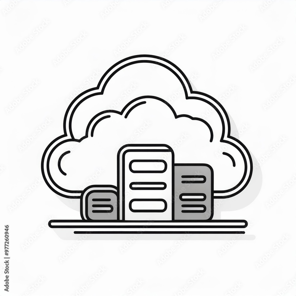 Poster Minimalist Cloud Computing Icon with Server Rack Depiction. Simplified Digital Storage and Data Management Concept in Monochrome Line Art Style. Vector Logo Icon on White Background