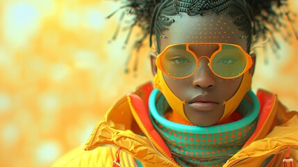 Fashion forward black model with intricate braided hair and luminous implants exudes a futuristic vibe. She wears a cutting edge visor and vibrant attire, embodying the innovative spirit of the future