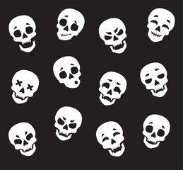 Set of cute skulls with emotions. Halloween vector clipart.