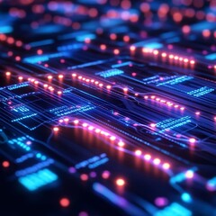 Obraz premium Quantum AI data visualization, glowing data patterns, dynamic digital fields