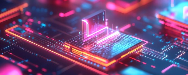 Fototapeta premium Quantum AI development hub, neon-lit research labs, glowing data architecture