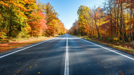 Fototapeta premium A wide, straight highway cutting through an autumn forest with colorful leaves, bright and vibrant colors, clear sky, no vehicles, high resolution