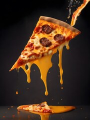 pizza slices levitate on black background